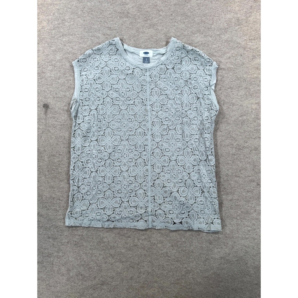 Old Navy Lace Top Women Small Gray Floral Crew Neck Short Sleeve Casual Pullover